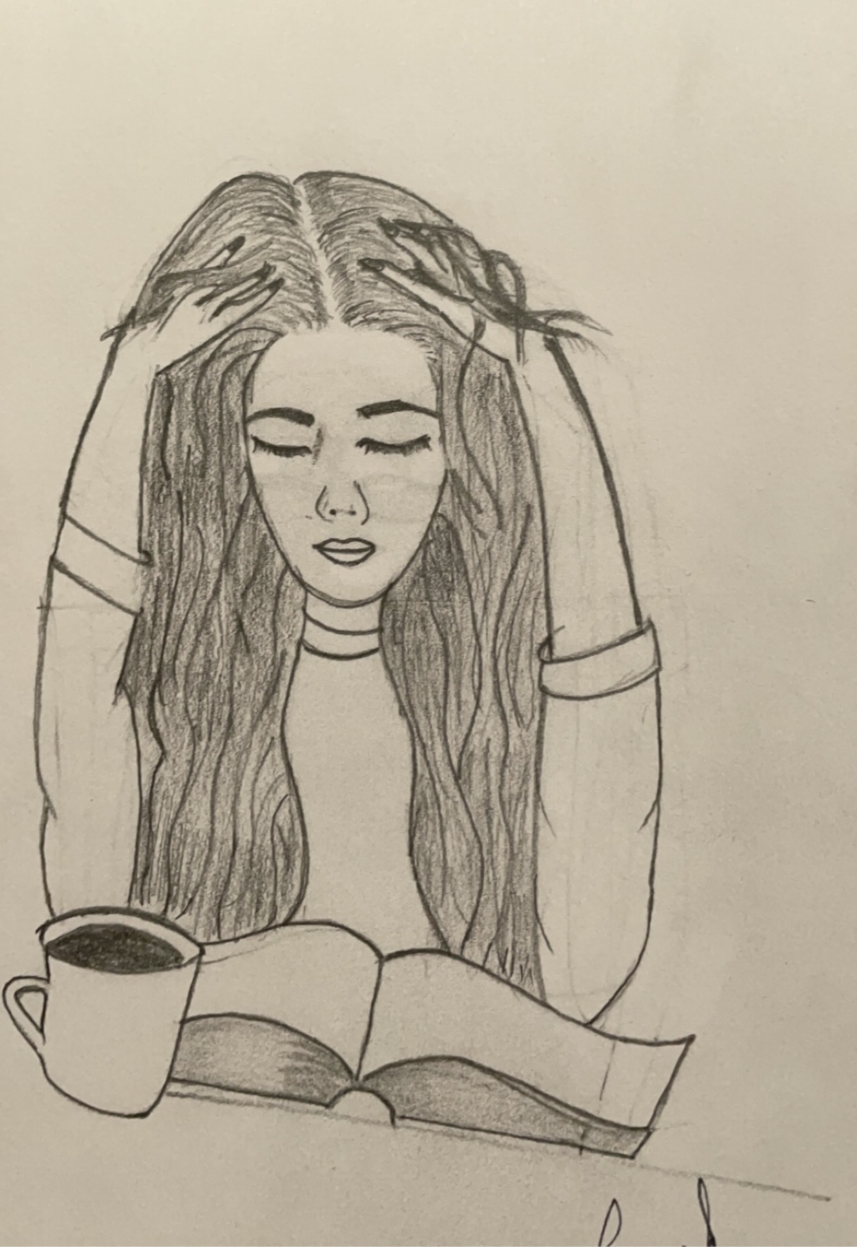 Pencil self-portrait, reading with a coffee
